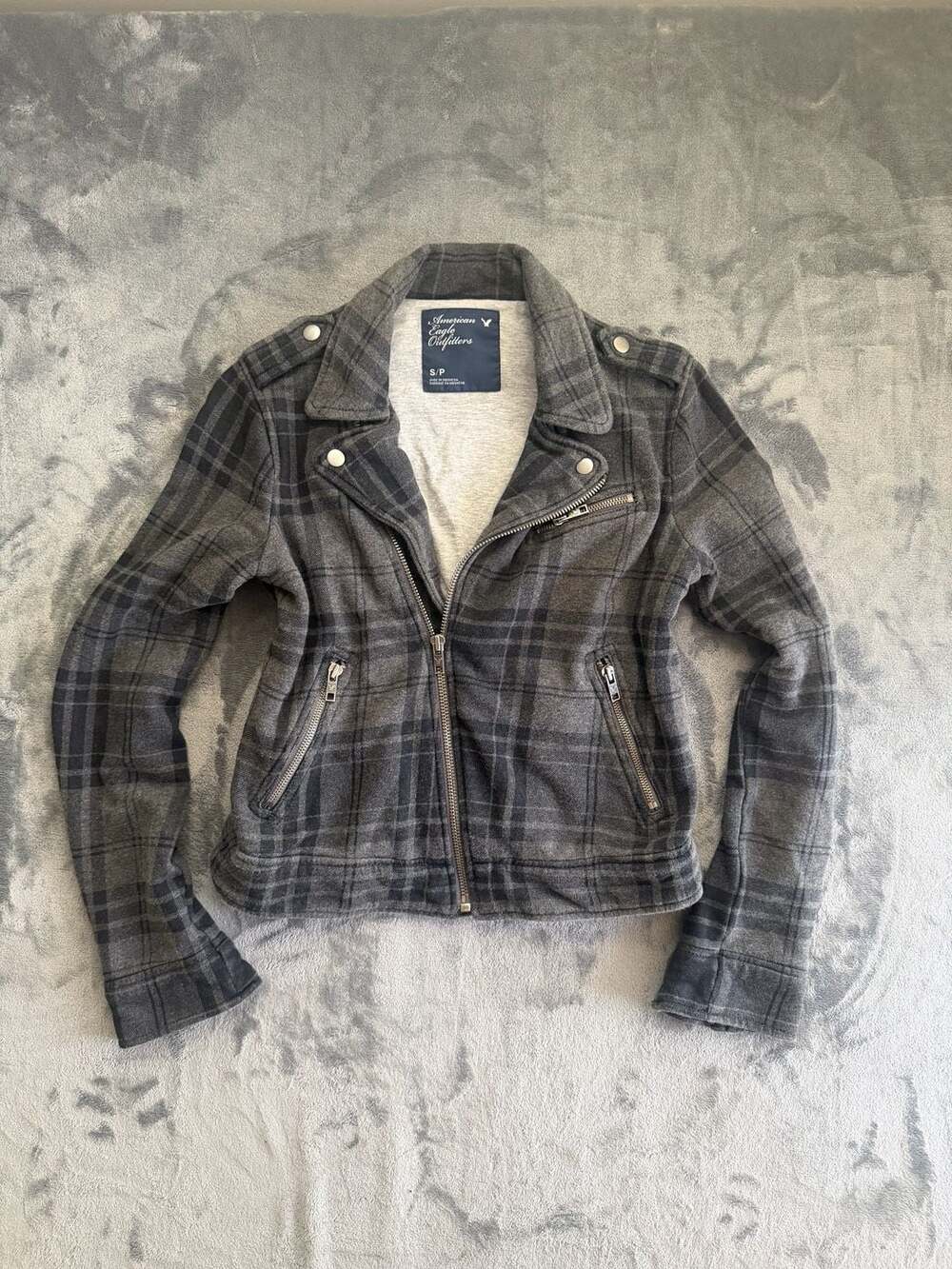 American Eagle Outfitters Grey Plaid Moto Biker Jacket Size S